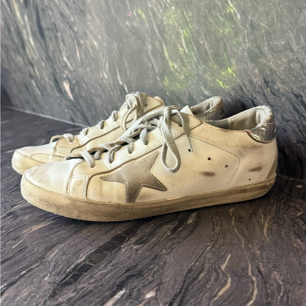 Golden Goose Cream and Silver Sneakers